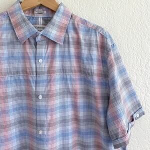 Calvin Klein Mens Short Sleeve Button-Up Shirt Plaid Blue Red Black White Cotton